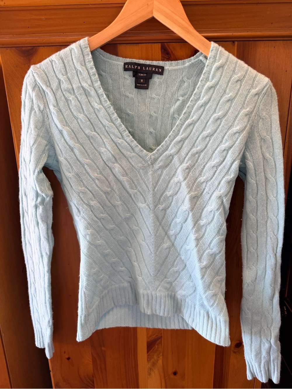 Ralph Lauren Women’s Light Blue Cable Knit V-Neck Sweater